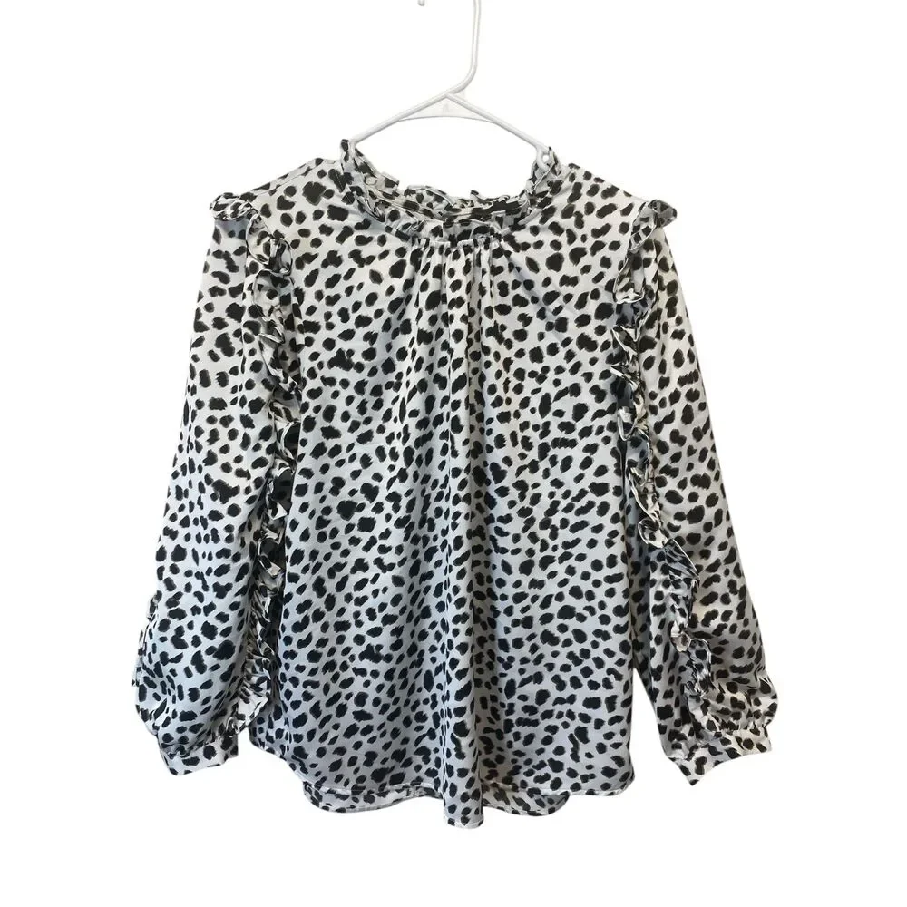 J. Crew Animal Print Blouse Women's Size L White Black Casual Office Career